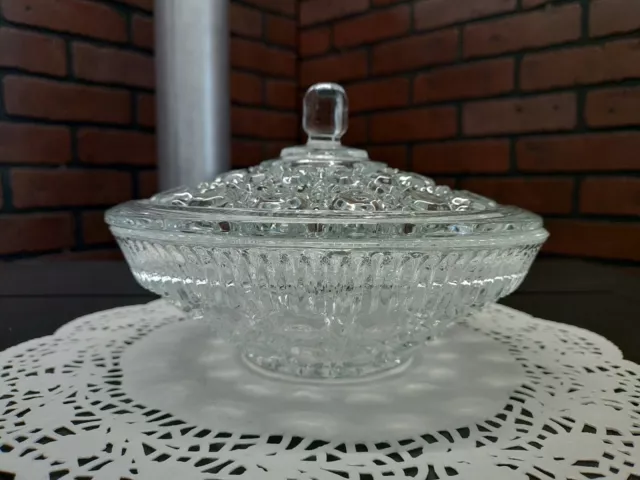 Indiana Glass #1472 Windsor Button and Cane Crystal  Candy Dish With Lid