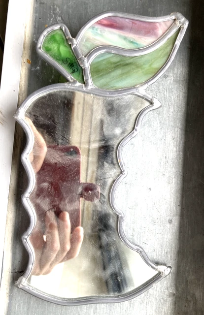 Antiguo Espejo Artista Vidrio Arte Apple Firmado Vintage Croquée Plomo Francia