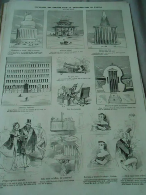 Gravure 1861 - Exposition des projets pour reconstruction de l'opéra Vignettes