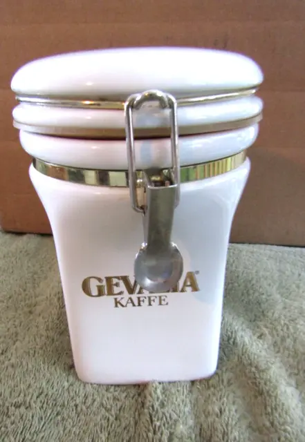 "Gevalia Kaffe" Ceramic Coffee Canister White & Gold Trim  7.5"