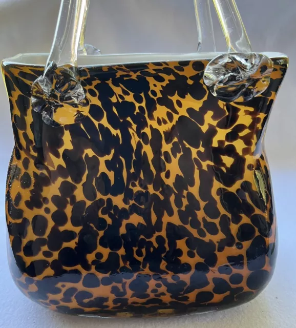 Vintage Leopard Print Purse Hand Blown Art Glass LARGE Vase Design GORGEOUS !