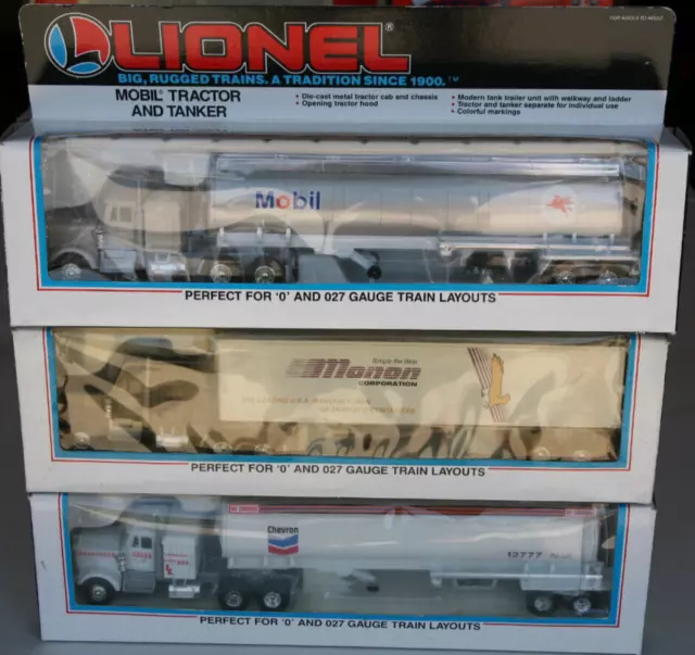Lionel 3 truck set. 2 Tankers (6-12777 & 6-12808), 1 Tractor/Trailer (6-12783). Lionel 3 truck set. 2 Tankers (6-12777 & 6-12808), 1 Tractor/Trailer (6-12783).