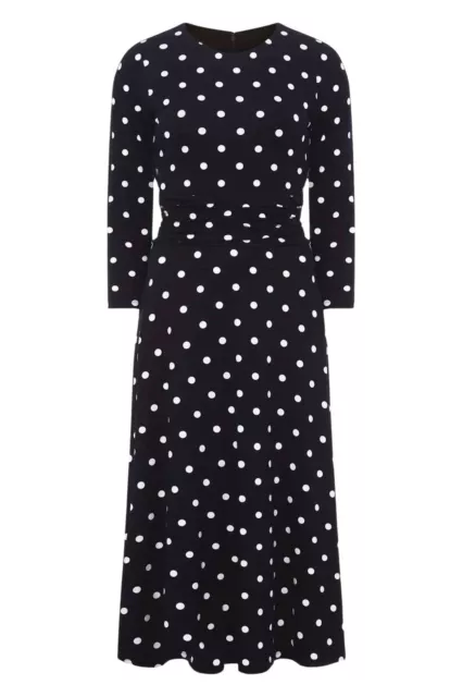 Hobbs Navy Ivory Dress Spot Jersey Midi Length Round Neck Long Sleeve