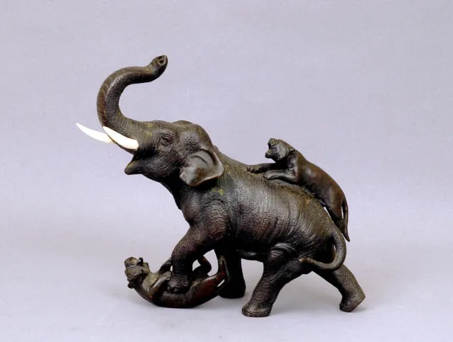 1930's Japanese Bronze Elephant Tiger Fight Statue Okimono