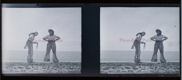 Cowboys Photo NEGATIVE Glass Plate c1930 Stereo Vintage PL28L8n 