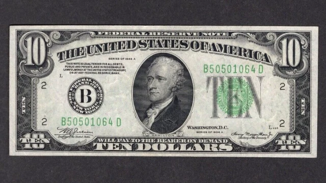 1934 A $10 Ten Dollar Bill Green Seal S490