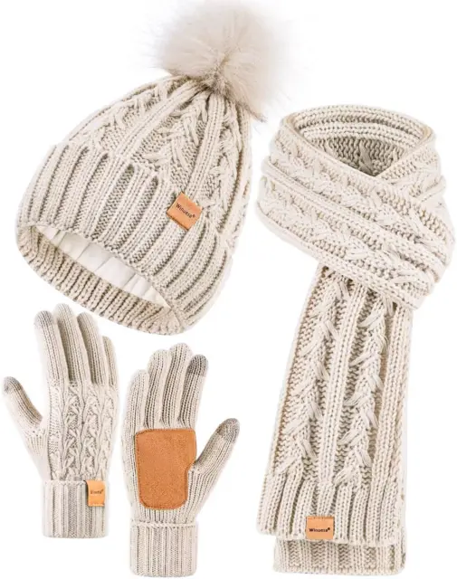 Womens Beanie Hat Scarf Gloves Set, Fleece Lined Winter Hat with Pom Pom, 3 in 1
