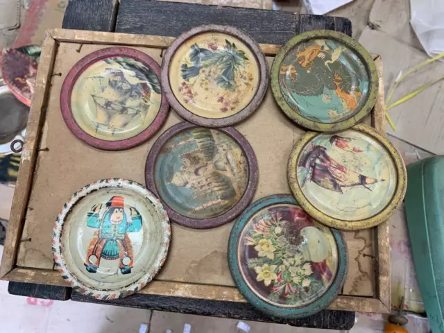 Collectible Old Set Of 7 Lithograph Printed Tin Metal Coasters Plate Tableware