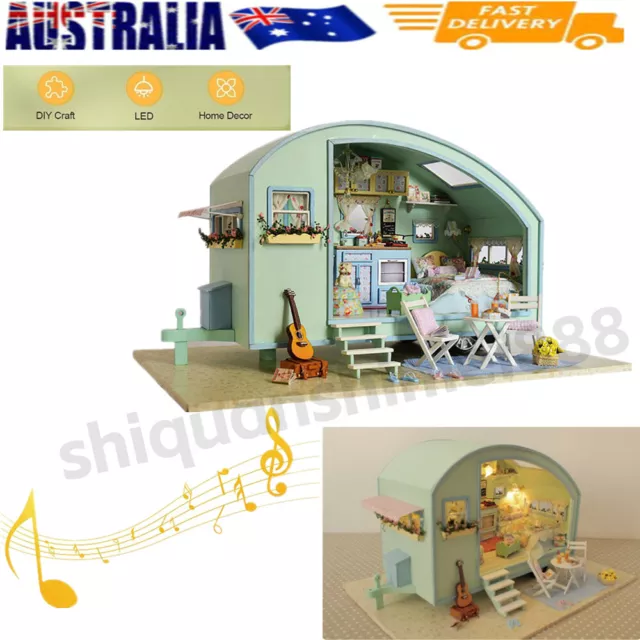 Kids DIY Dollhouse Miniature Caravan Travel Wooden w/Furniture Kit LED Light AU