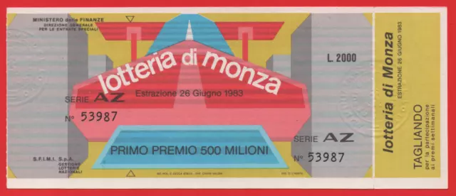 Biglietto Lotteria Di Monza Anno 1983 Con Tagliando Serie Az 53987 Corse Auto