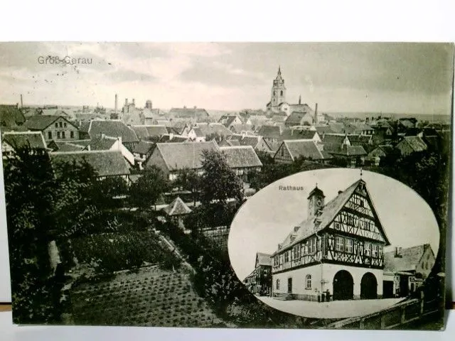 Groß Gerau - Ortsansicht und  Rathaus. Alte Zweibild  AK s/w. ge.l 1914. Blick ü