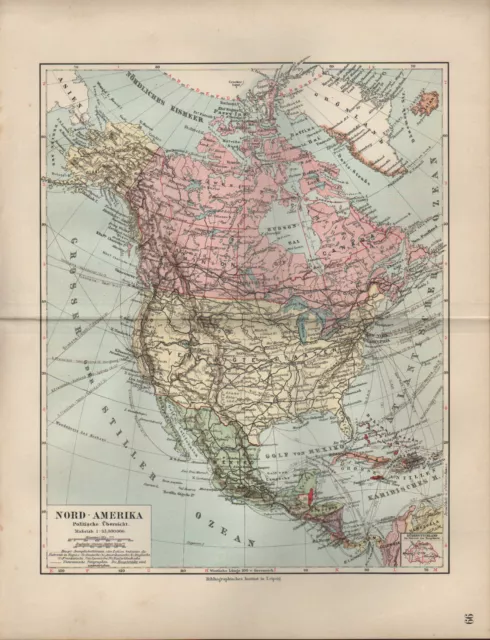 Landkarte map 1912: NORD-AMERIKA POLITISCHE ÜBERSICHT. Maßstab: 1 : 35.000 000