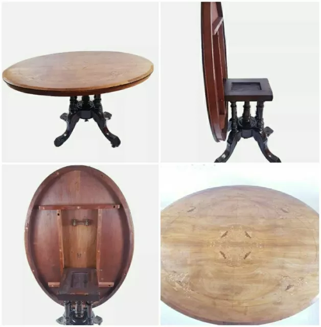 Antique Victorian Inlaid Tilt Top Oval Dining Breakfast Loo Table