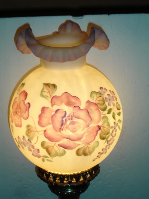 FENTON POPPY ROSES SATIN GLASS PILLAR LAMP w/BRASS BASE, sign