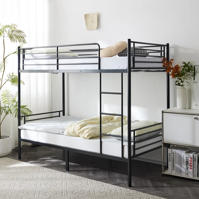IRON TWIN BUNK Bed for Kids with Ladder Black Metal Frame Space Saving