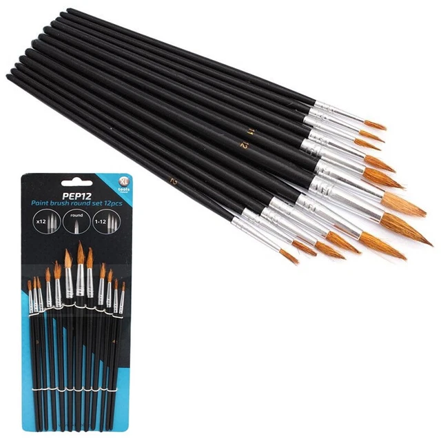 Set 12 Pennelli Punta Fine Dipingere Pitturare Colori Acrilici Tempera Olio