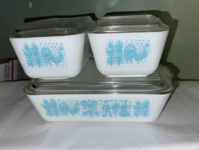 VTG MCM Pyrex Amish Butterprint Refrigerator Set Of 4 501 502 503 Lids Turquoise