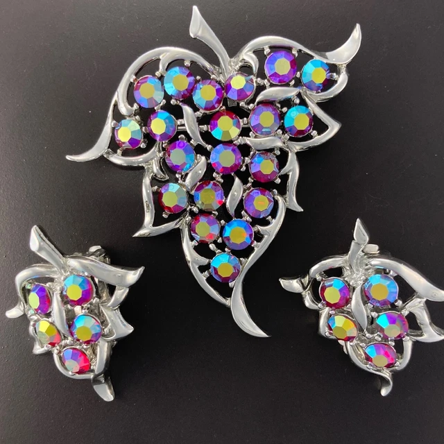 Sarah Coventry Red Aurora Borealis Rhinestone Leaf Brooch Earrings AB Vintage