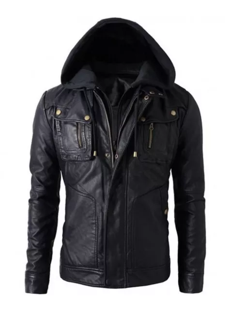 New Men's Motorcycle Brando Style Biker Slim fit Hooded Leather Jacket