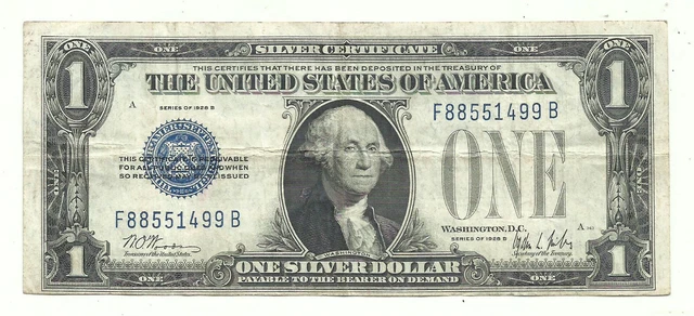 1928B $1 BLUE Seal SILVER Certificate **FUNNY BACK** Old US Paper Money! 2