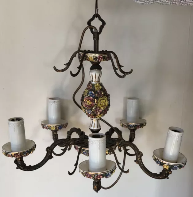 Vintage Italian Brass And Ceramic Floral 5 Branch Chandelier Ceiling Light