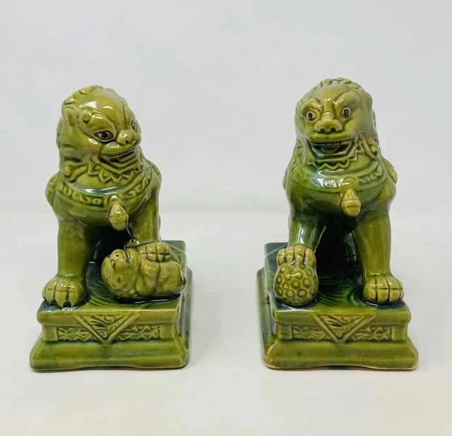 Foo Dogs Fu Dogs Shi Shi Green Ornaments Oriental Pea Glaze  Ceramic Pair Vtg