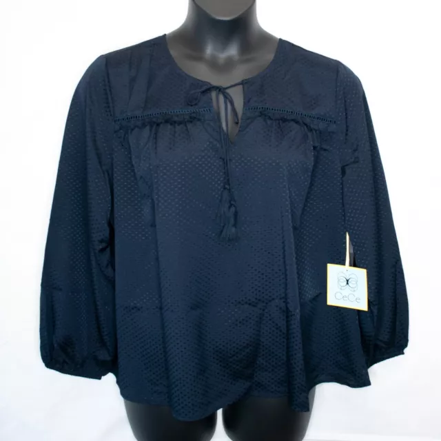 NEW CeCe Cynthia Steffe Tassel Tie Top Women 1X Navy Blue Blouse Swiss Dot NN04X