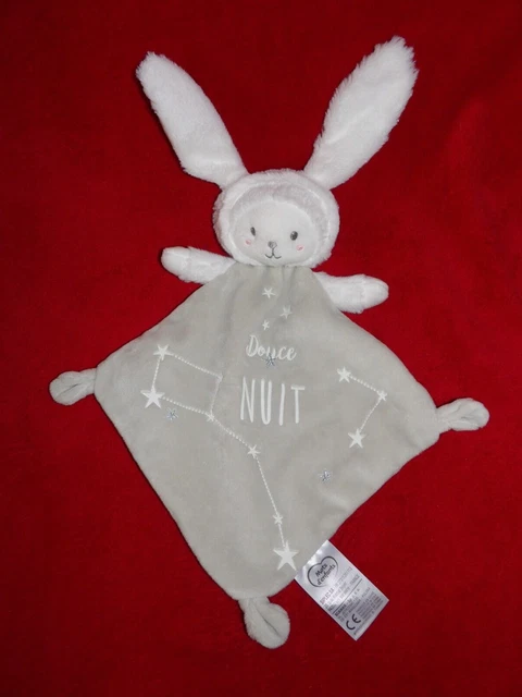 Doudou Plat  MOTS D'ENFANTS Ours Déguisé en Lapin Blanc Gris Douce Nuit