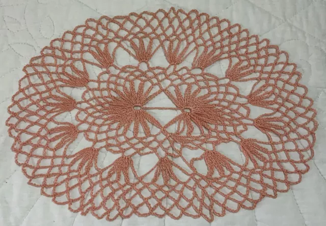 Vintage Hand Crocheted Doilies, Oval, Cotton, Flower Design, Peachy Pink