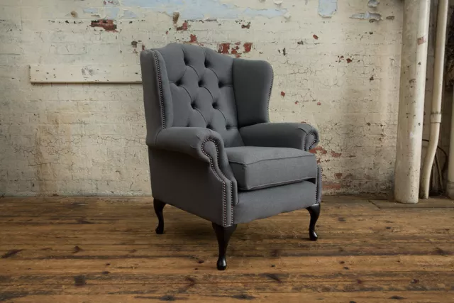 Handmade Grey Wool Fabric Chesterfield Wing Armchair, High Back Fireside Chair