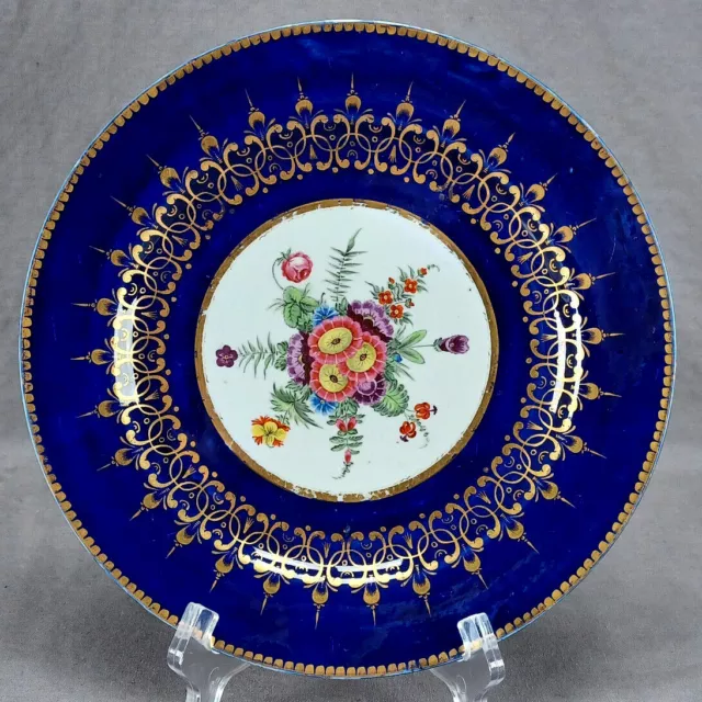 Chamberlain Worcester Hand Painted Floral Cobalt & Gold 9 1/4 Inch Plate C. 1815