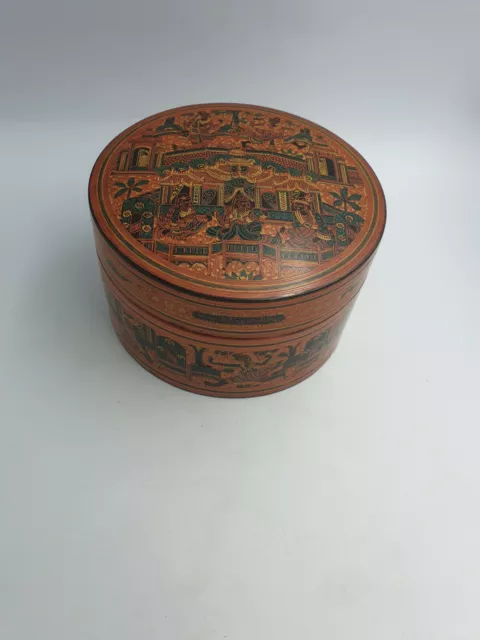Antique Burmese Papier Mache Lacquered Round Box W/Tray Palace Scenes