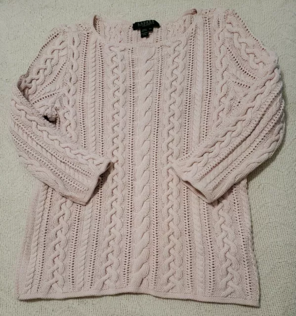 Lauren Ralph Lauren Women Sz PL Cotton Sweater Solid Pink Cable Knit Round Neck