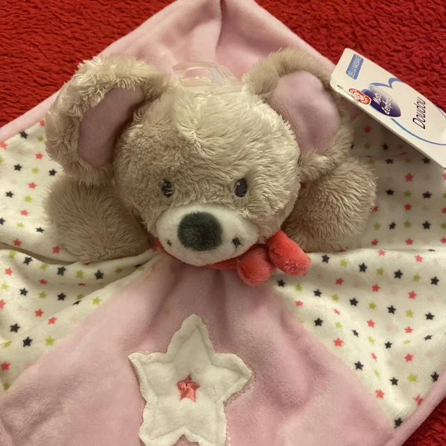 🇫🇷 doudou plat Souris Rose Beige Écharpe Rouge Étoiles MOTS D ENFANTS NEUF 2