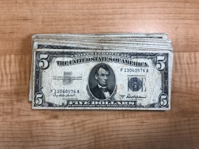 1953 Paper Money Five Dollar Silver Certificate One Blue Seal Bill Per Purchase
