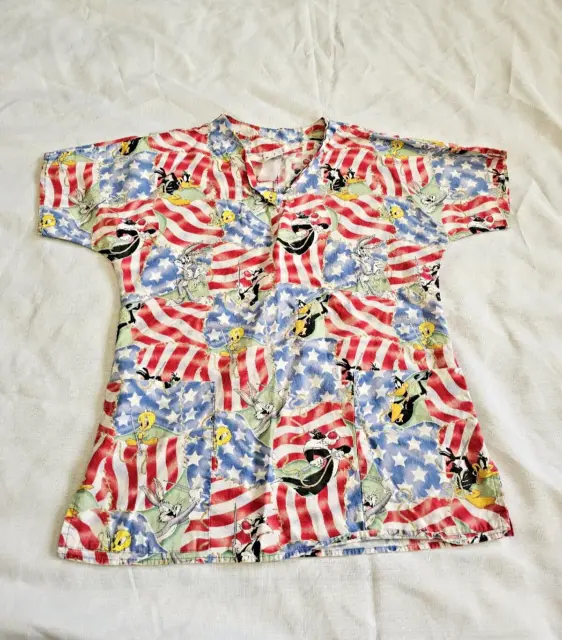 Looney Tunes Scrub Top Women's Small Bugs Tweety Sylvester 4th Of July Americana