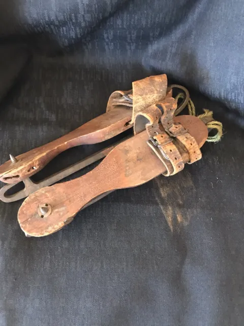 Early Antique Primitive Wooden Ice Skates Pair Original leather straps