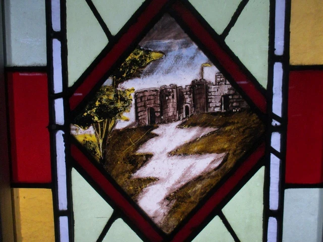 OLD ENGLISH LEADED STAINED GLASS WINDOW Hand Painted Castle 15" x 20" 2