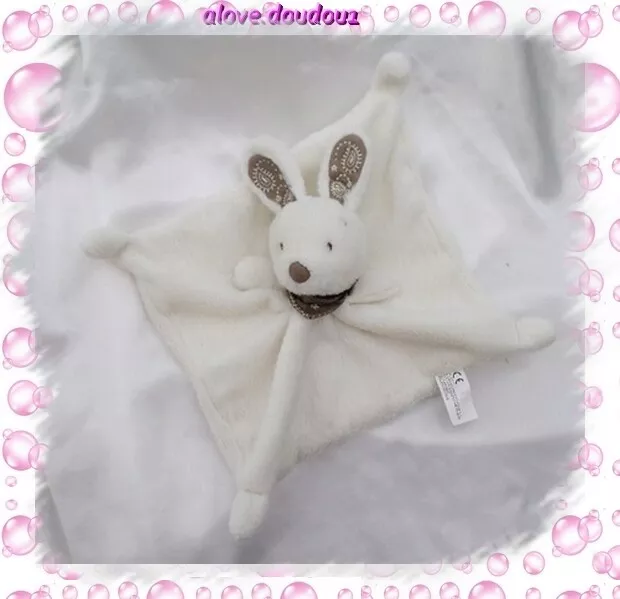 Doudou Lapin Plat Carré Blanc Foulard Bandana Marron Broderies Noeuds Nicotoy