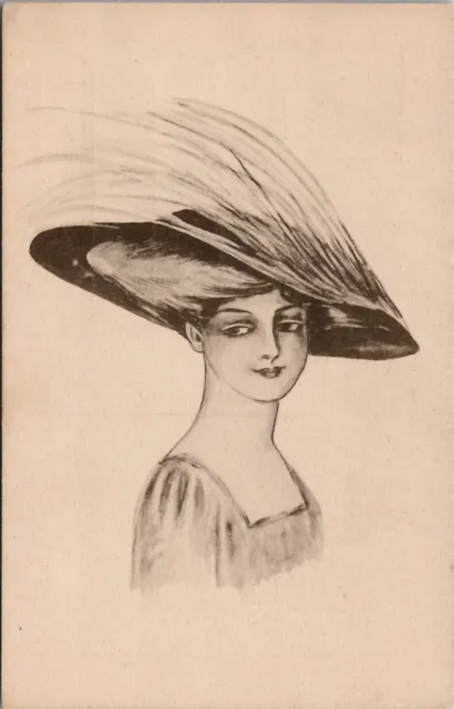 Lovely Lady Large Hat Feather Sketch Style Portrait Postcard X18