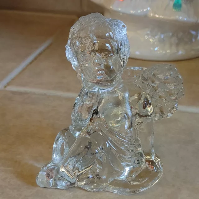 Vintage Christmas Angel Glass Taper Candle Holder Clear Cherub 4"