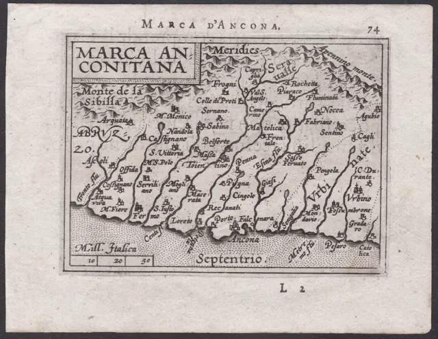 Marche Ancona Italia Carta Mappa Ortelius Engraving 1593