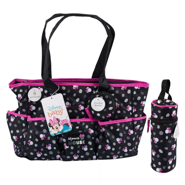 Disney Minnie Mouse Multi Piece Diaper Bag set with Minnie Mouse Toss Heads Prin