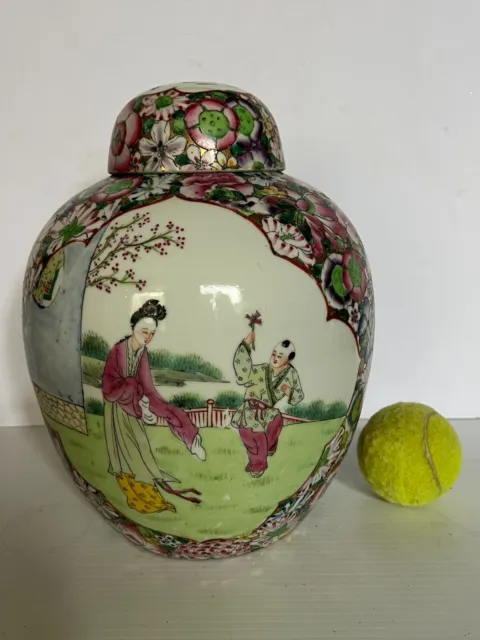 Large Chinese Famille Roes Porcelain Ginger Jar Lady with boy Red Stamped