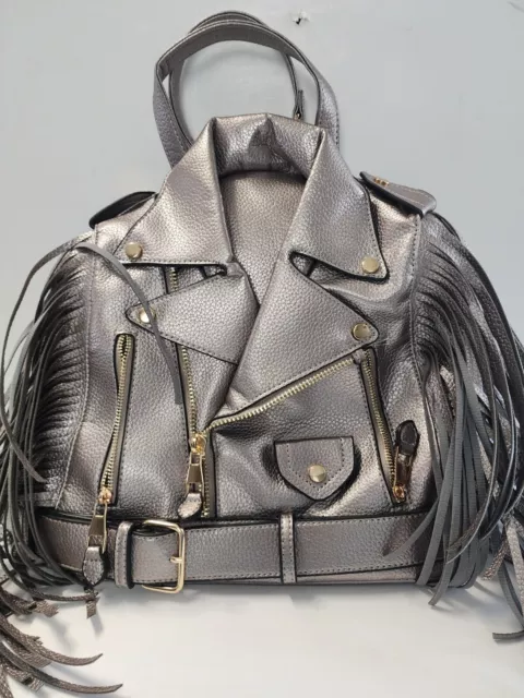 Unique Women Fringed Backpack Shoulder Bag  Handbag In Gunmetal Jacket Shape Lg