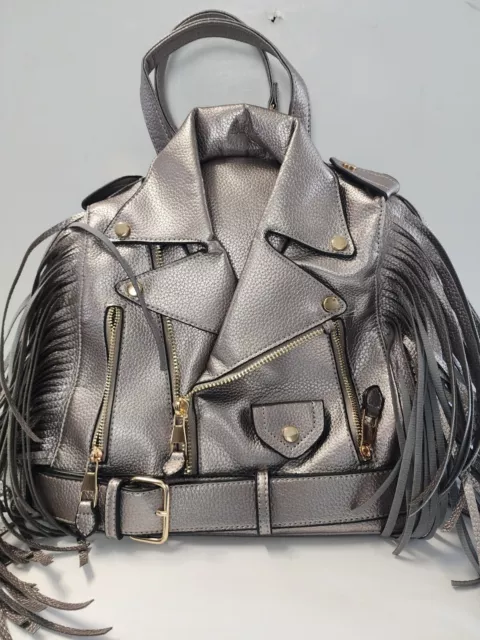 Unique Women Fringed Backpack Shoulder Bag Handbag In Gunmetal Jacket Shape Lg Unique Women Fringed Backpack Shoulder Bag Handbag In Gunmetal Jacket Shape Lg