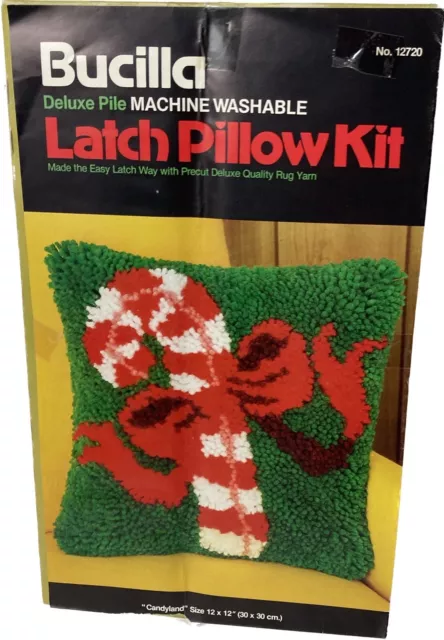 Vintage Bucilla Deluxe Pile Latch Pillow Kit No. 12720 “Candyland” Candy Cane