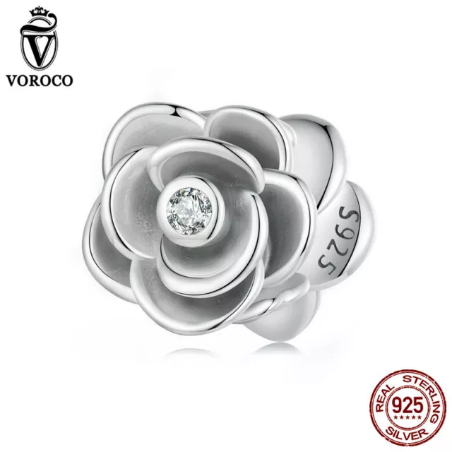 Fashion Women 925 Sterling Silver Beauty 3d Rose Bead Charm Fit Bracelets Voroco