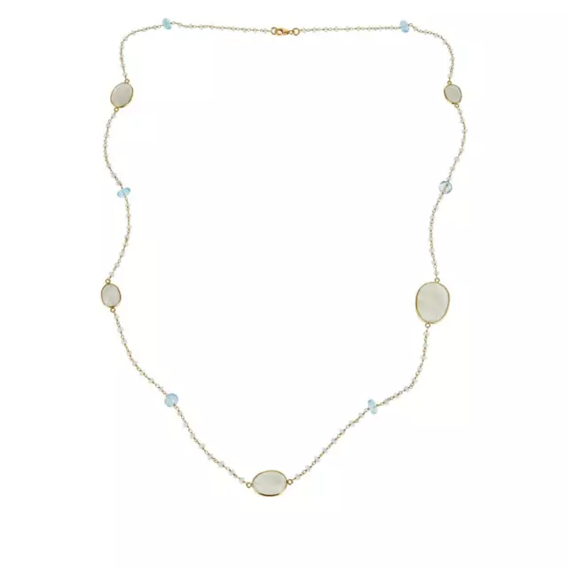 Meher's Jewelry 36" Rainbow Moonstone and Blue Topaz Beaded Gemstone SS Necklace