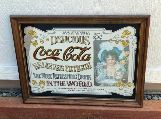 Vintage Drink Coca-Cola 5 Cents Mirror Glass Framed Advertisement Sign 1970/80’s